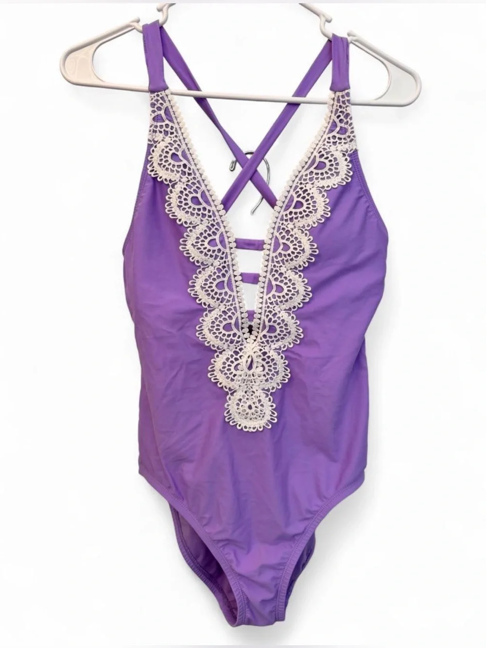 Womens Purple One-Piece Swimsuit with White Lace Trim
